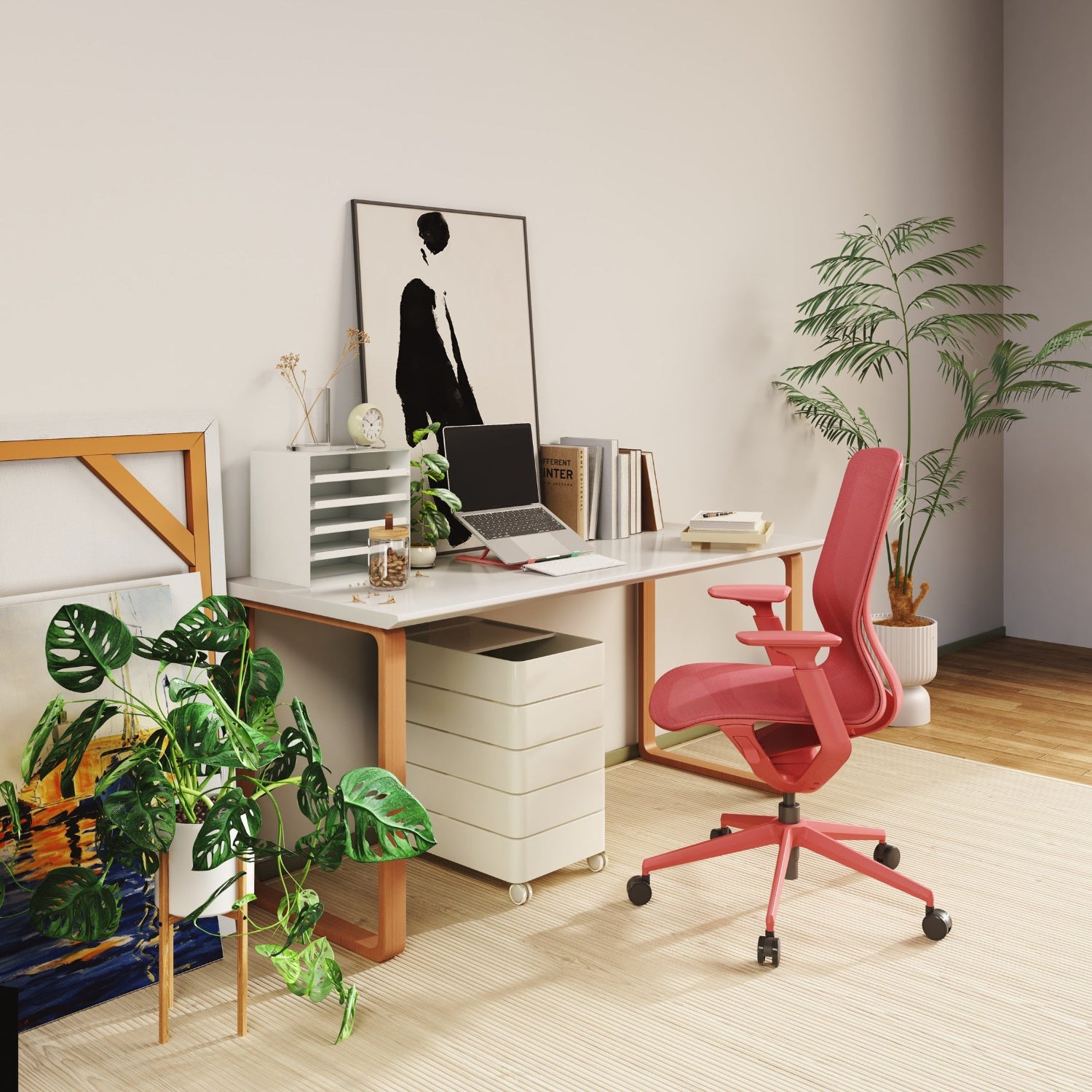 Modern home office with a desk, chair, and decorative plants.