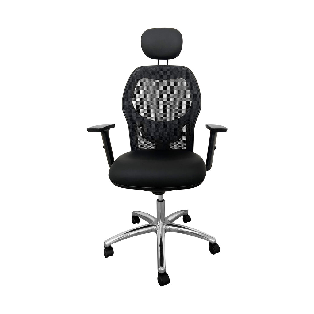 Black office chair with headrest on a white background