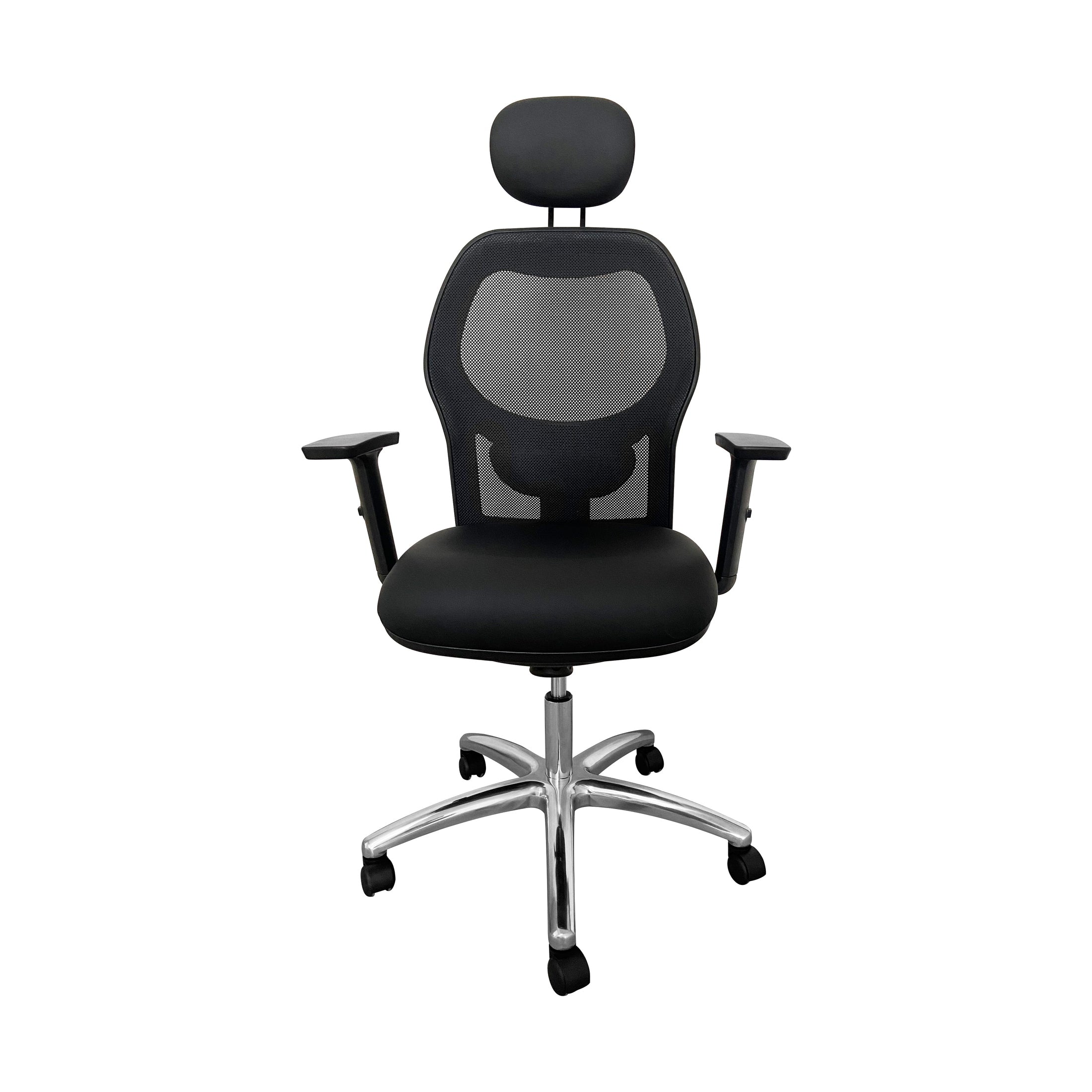 Black office chair with headrest on a white background