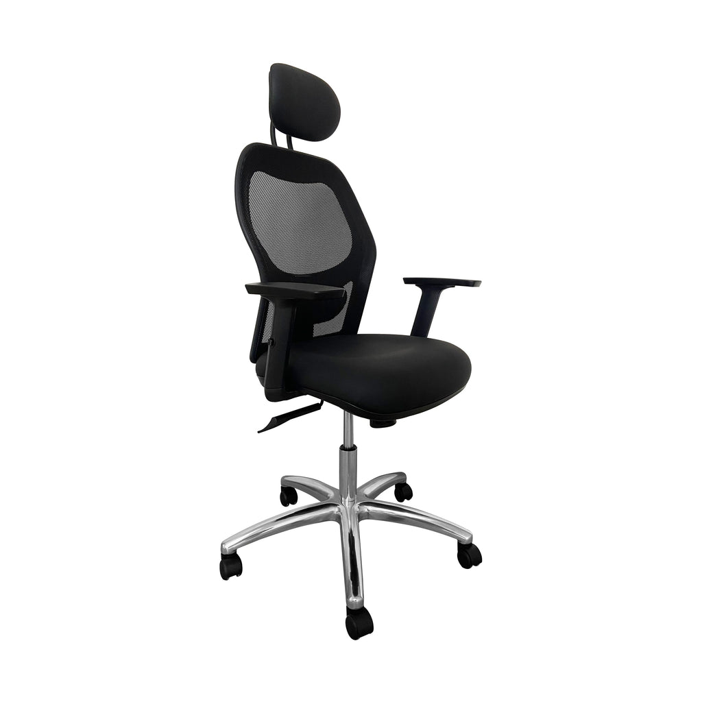 Black office chair with mesh backrest on a white background