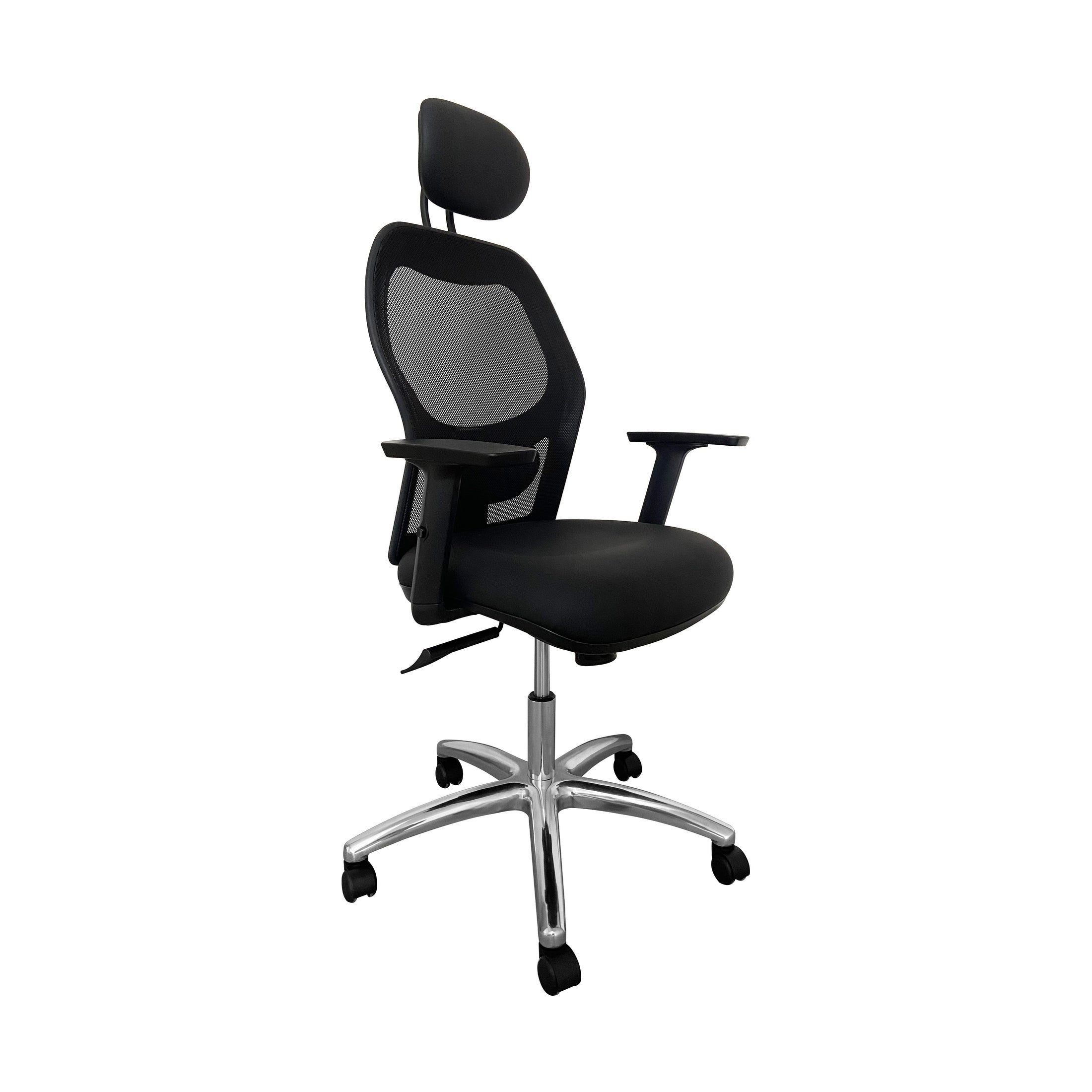 Black office chair with mesh backrest on a white background