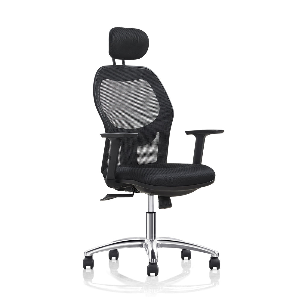 Black office chair with headrest on a white background