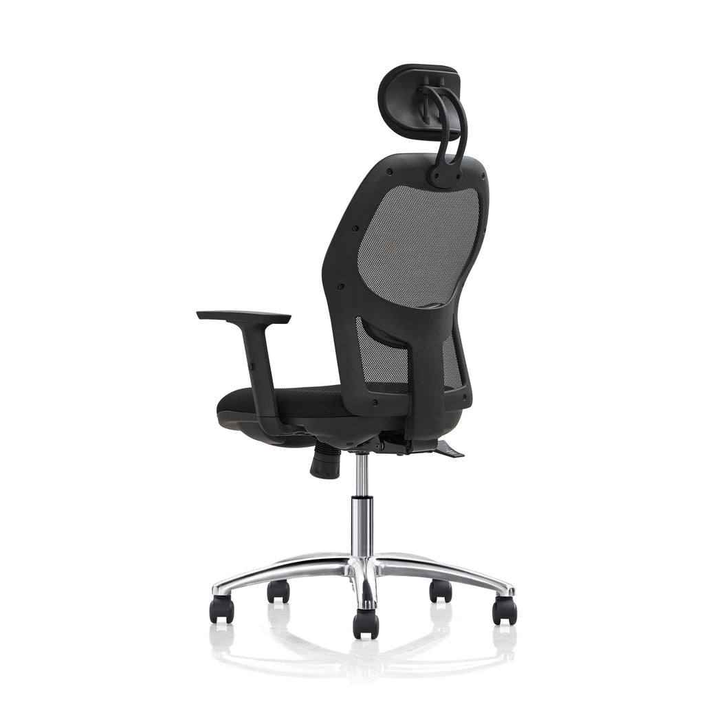 Black office chair with mesh backrest on a white background