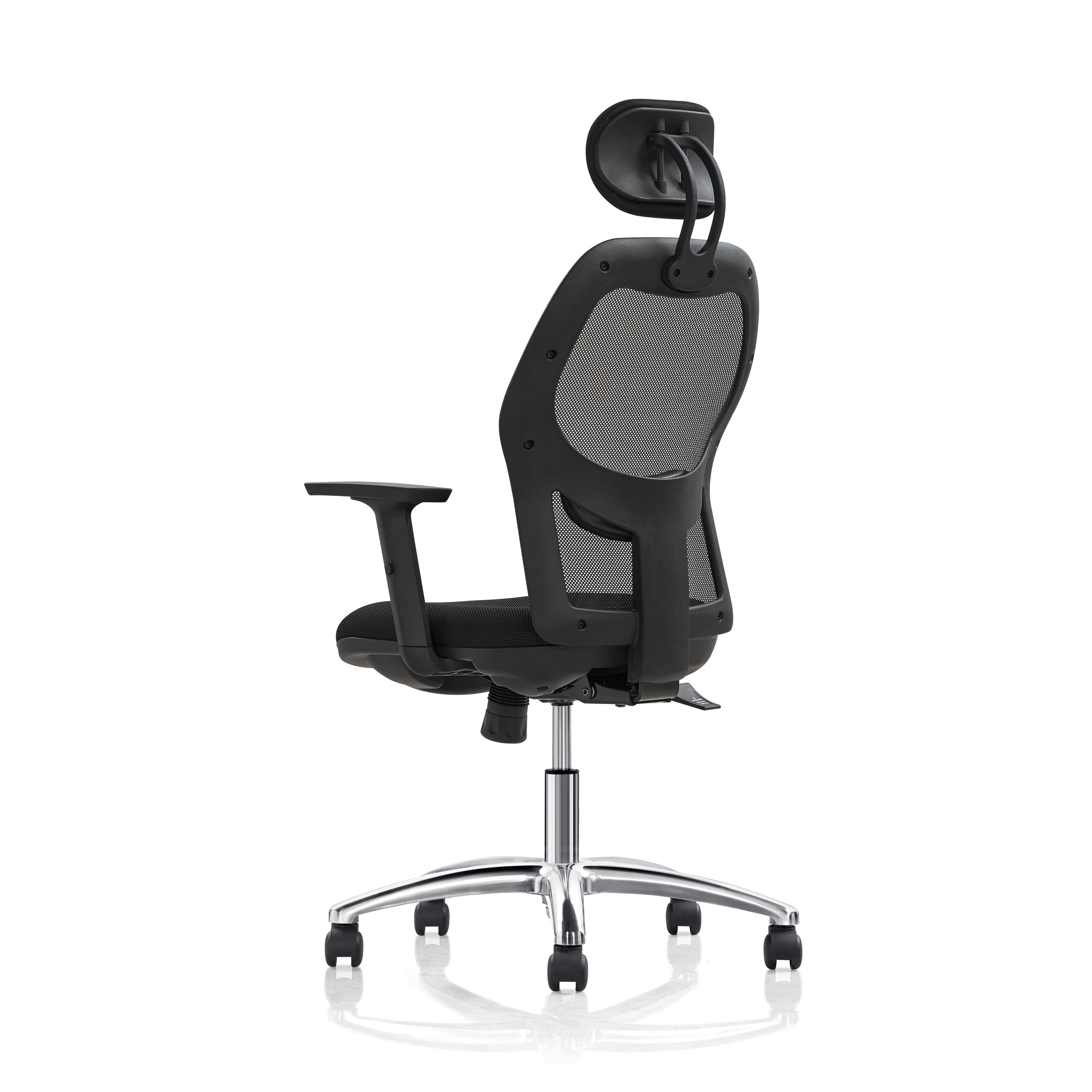 Black office chair with mesh backrest on a white background