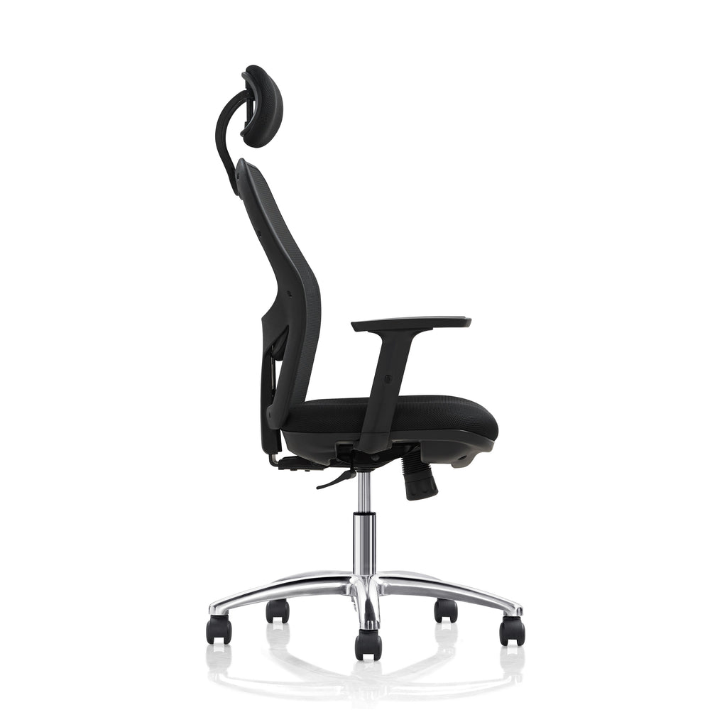 Black office chair with adjustable arms on a white background