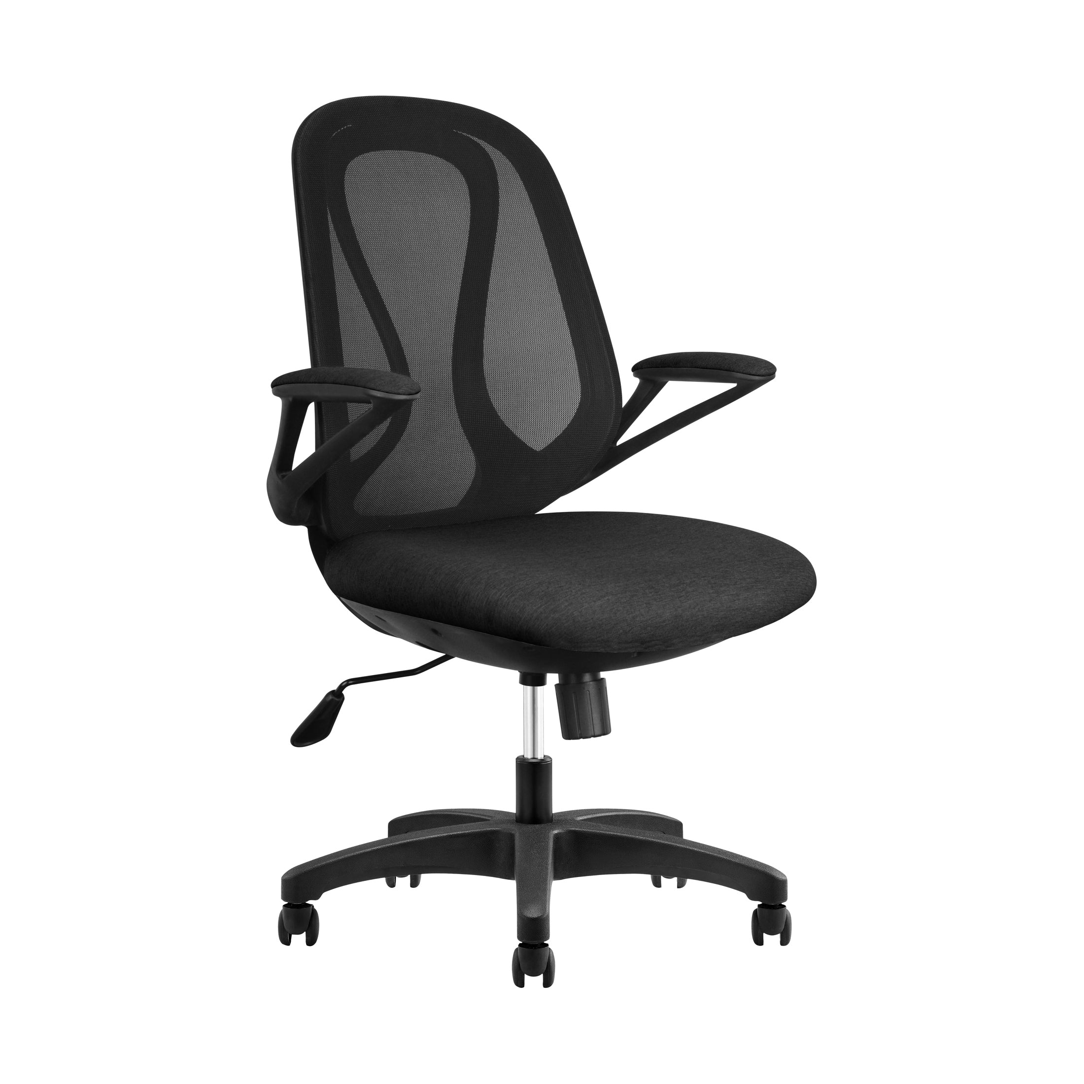 Black office chair with mesh back on a white background
