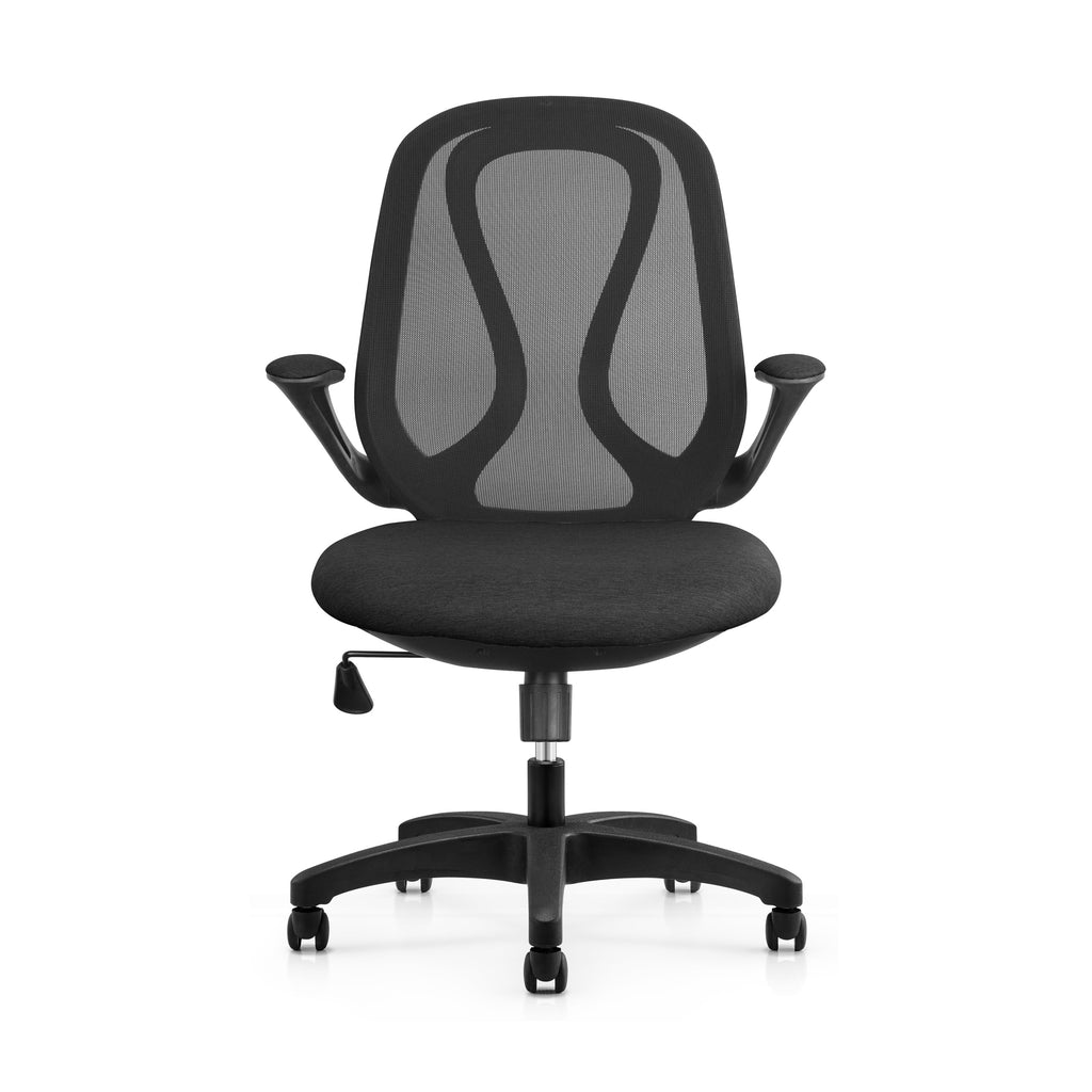 Black office chair with mesh back on a white background