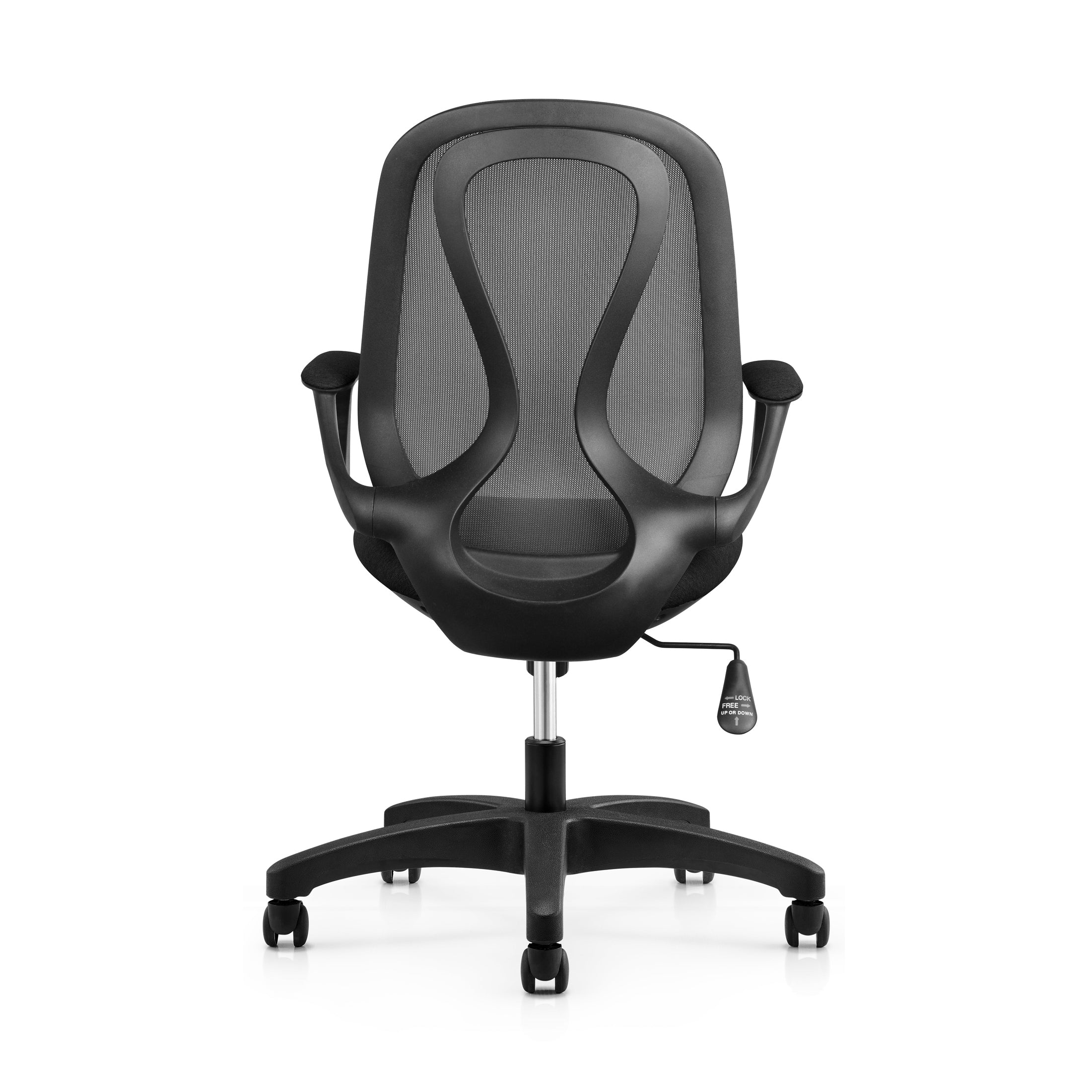 Black office chair with mesh back on a white background