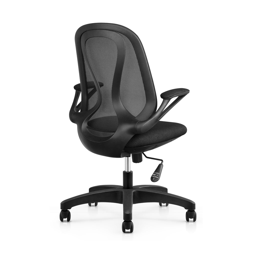 Black office chair with mesh backrest on a white background